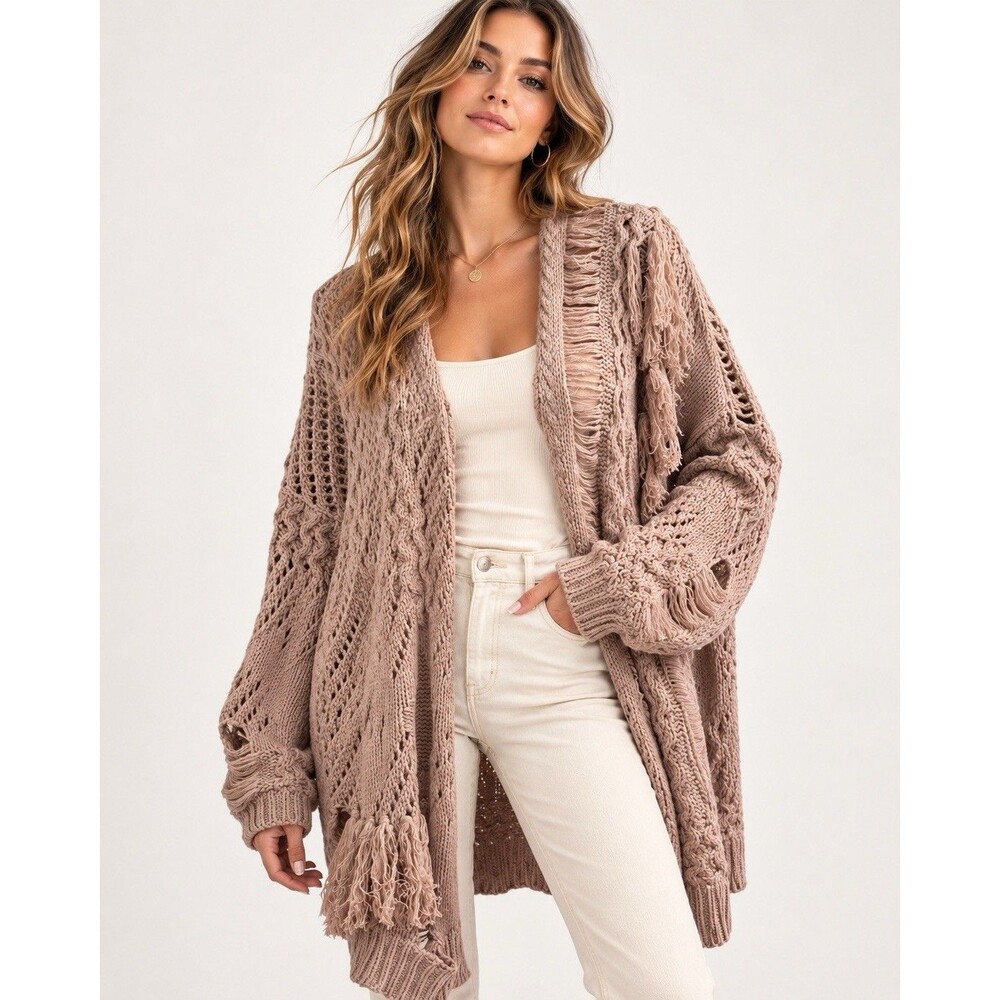 Easel Los Angeles Taupe Distressed Cable Knit Fringe Open Front Cardigan Size M